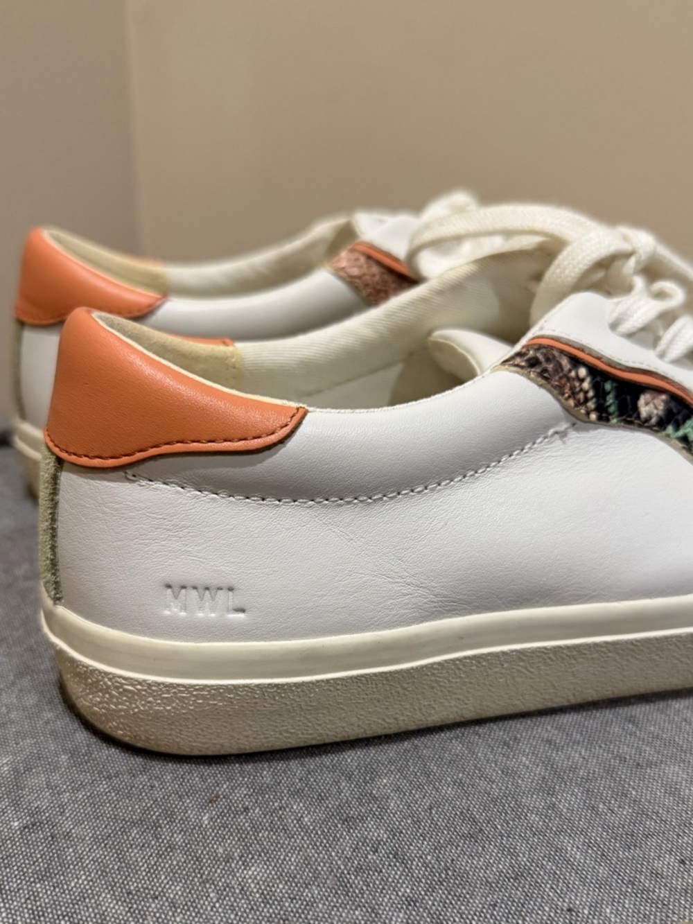 Madewell Sidewalk White Leather Sneakers with Peach Trim and Snake-Print Accent - Picture 4 of 9